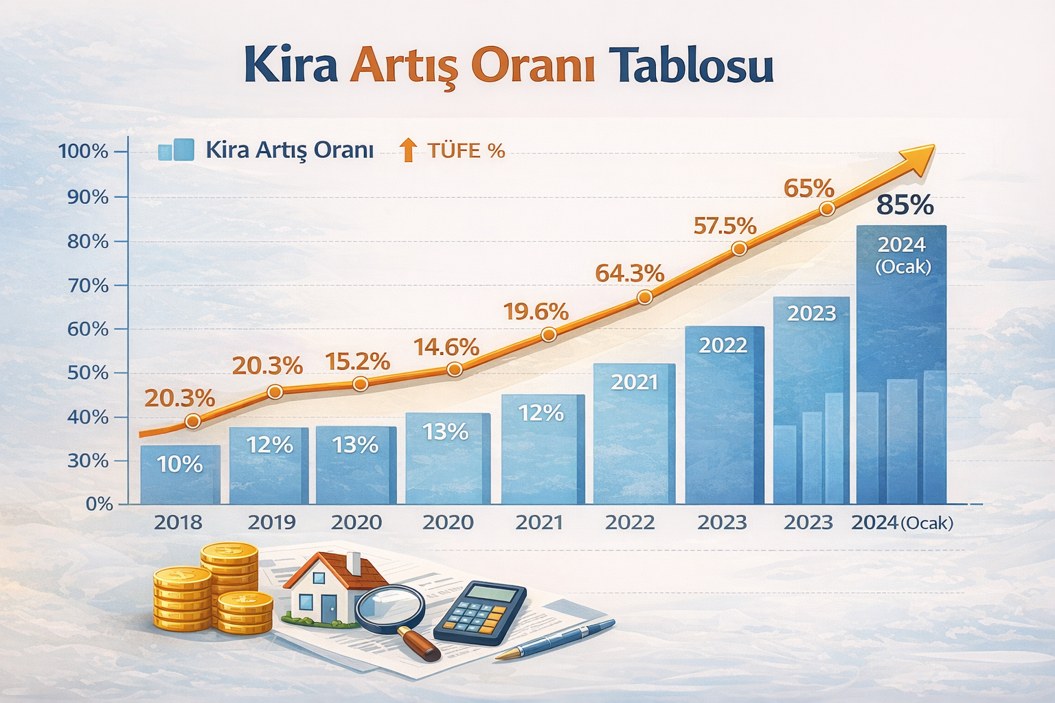 TÜFE grafiği ile yıllara göre kira artış oranı tablosu