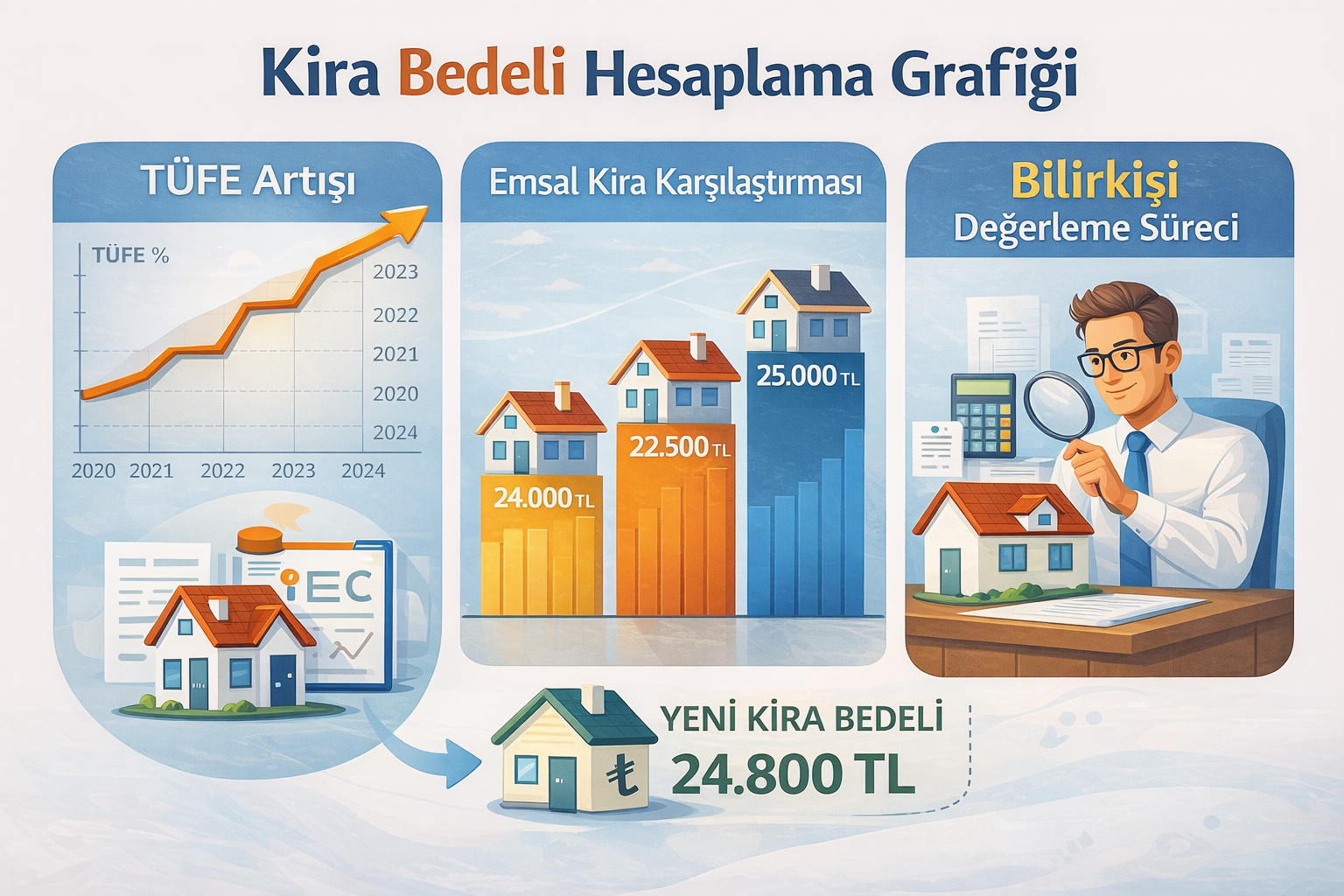Kira bedeli hesaplama grafiği: TÜFE artışı, emsal kira karşılaştırması ve bilirkişi değerleme süreci